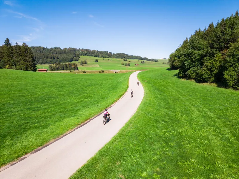 A lone rider on a road through wide green meadows
